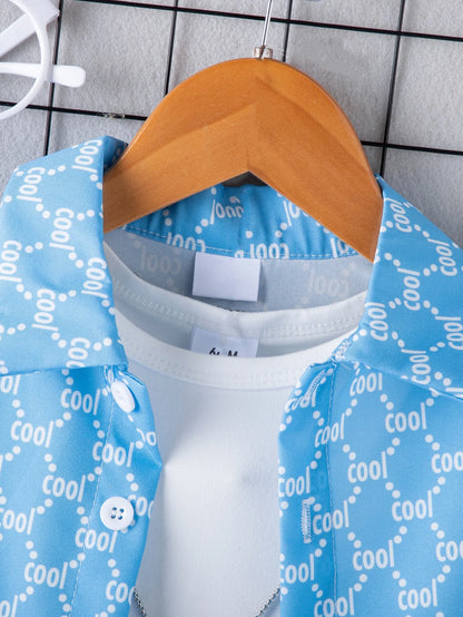 Kid Fashion Boy Outfit Three Piece Set Light Blue Short Sleeve Top Shirt Plain White Inner T-Shirt Blue Shorts Children Clothing