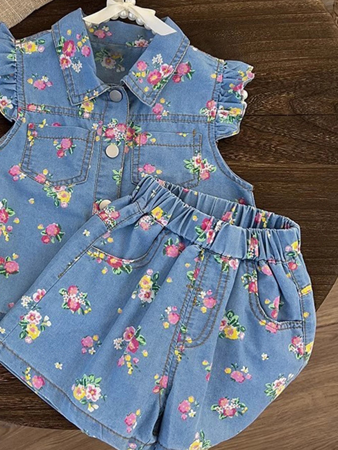 Kid's Clothing Sets for Baby Girls Floral Print Petal Sleeves Lapel Shirt & Shorts 2Pcs Set Childrens Suit Imitation Denim Outfi