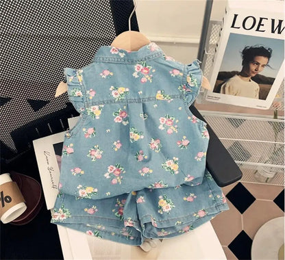 Kid's Clothing Sets for Baby Girls Floral Print Petal Sleeves Lapel Shirt & Shorts 2Pcs Set Childrens Suit Imitation Denim Outfi