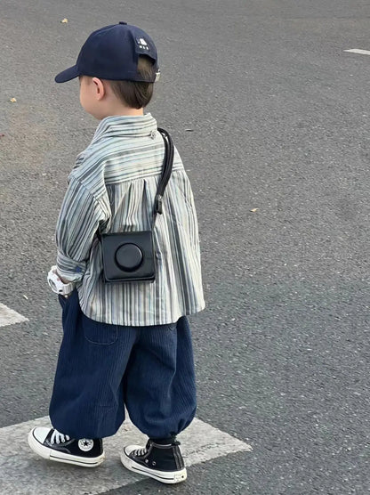 Kid Boy Spring Autumn Suit 2025 New Korean Handsome Baby Fashion Corduroy Striped Shirt and Pants Clothes Two Piece Set Outfits