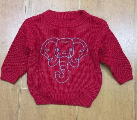 Kid Clothes Girls Autumn Knit Xmas Sweaters Long Sleeve Round Neck Bulldog/Elephant Embroidery Pullover Knitwear