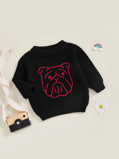 Kid Clothes Girls Autumn Knit Xmas Sweaters Long Sleeve Round Neck Bulldog/Elephant Embroidery Pullover Knitwear