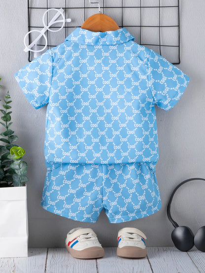 Kid Fashion Boy Outfit Three Piece Set Light Blue Short Sleeve Top Shirt Plain White Inner T-Shirt Blue Shorts Children Clothing