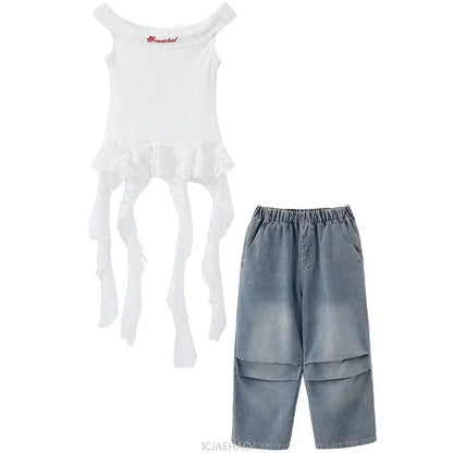 Kid Hip Hop Clothing Dance Costumes Clothes White Off Shoulder LaceParachute Jeans Baggy Pants for Girl Top Denim Blue Casual