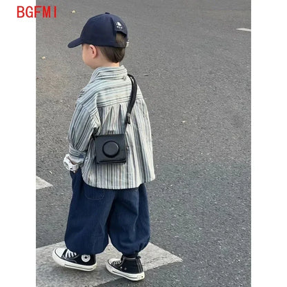 Kid Boy Spring Autumn Suit 2025 New Korean Handsome Baby Fashion Corduroy Striped Shirt and Pants Clothes Two Piece Set Outfits