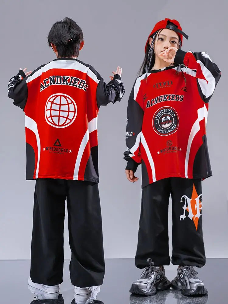 Kid Cool Hip Hop Clothing Red Black Print Sweatshirt Casual Street Sweat Jogger pants for Girl Boy Jazz Dance Costumes Clothes