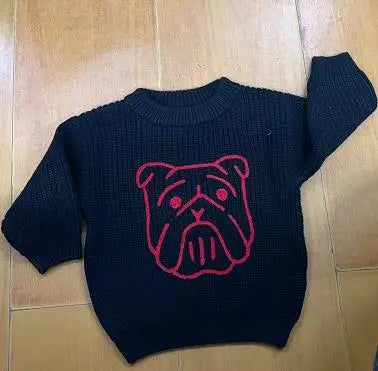 Kid Clothes Girls Autumn Knit Xmas Sweaters Long Sleeve Round Neck Bulldog/Elephant Embroidery Pullover Knitwear
