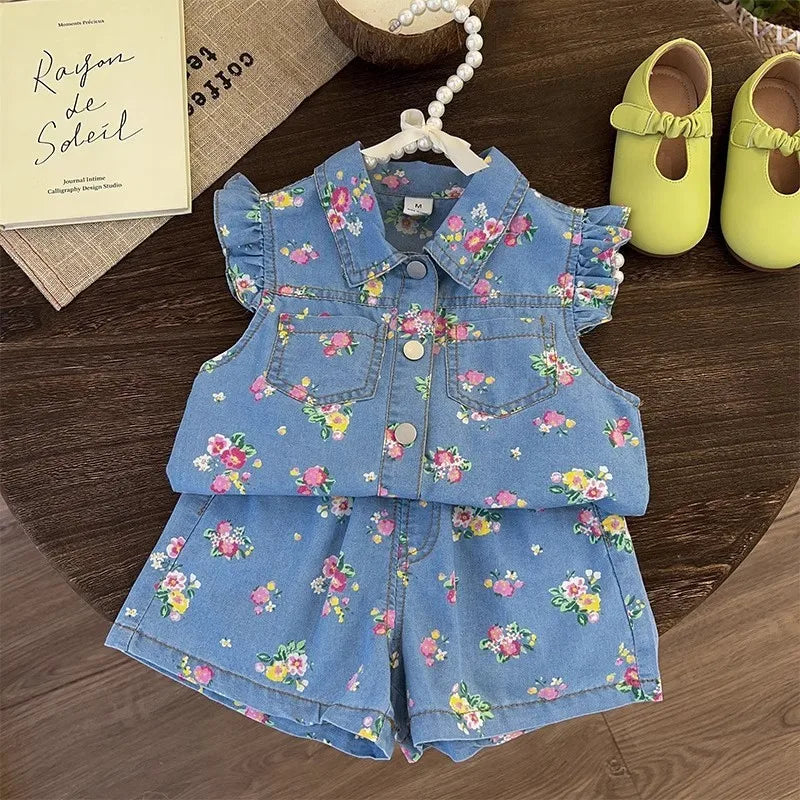 Kid's Clothing Sets for Baby Girls Floral Print Petal Sleeves Lapel Shirt & Shorts 2Pcs Set Childrens Suit Imitation Denim Outfi