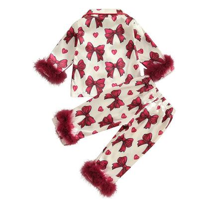 Kid Clothes Girl Satin Pajamas Set Bow Print Feather Cuffs Long Sleeve Lapel Button Down Tops with Pants Sleepwear