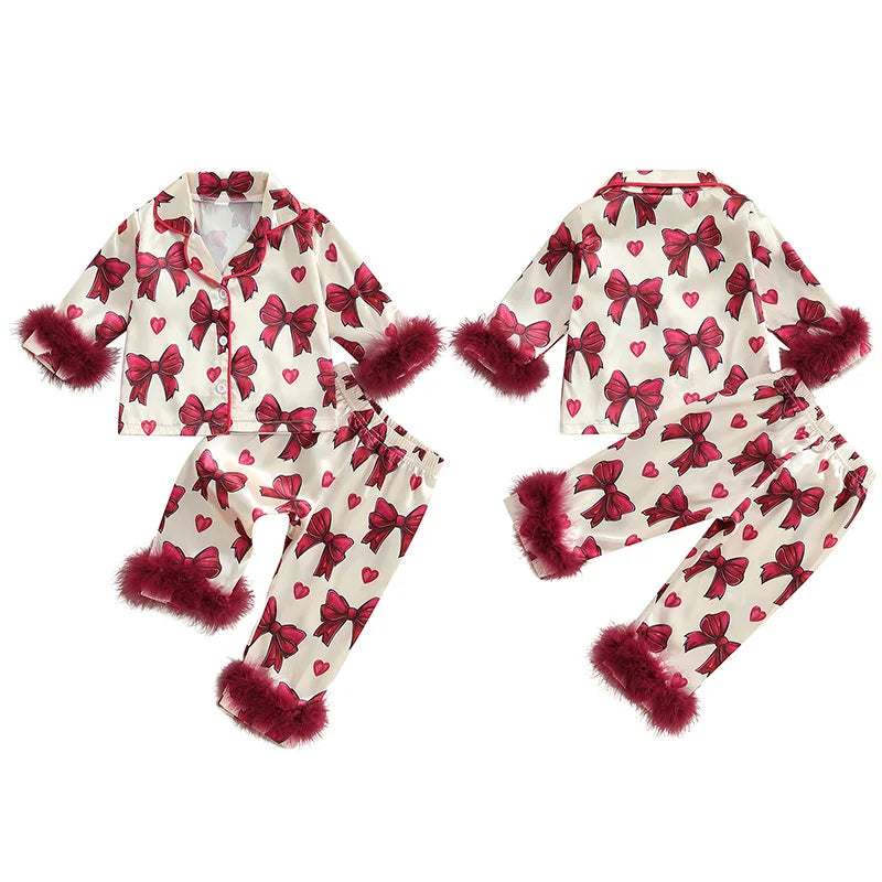Kid Clothes Girl Satin Pajamas Set Bow Print Feather Cuffs Long Sleeve Lapel Button Down Tops with Pants Sleepwear