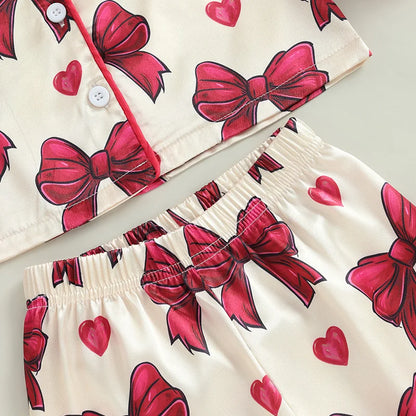 Kid Clothes Girl Satin Pajamas Set Bow Print Feather Cuffs Long Sleeve Lapel Button Down Tops with Pants Sleepwear