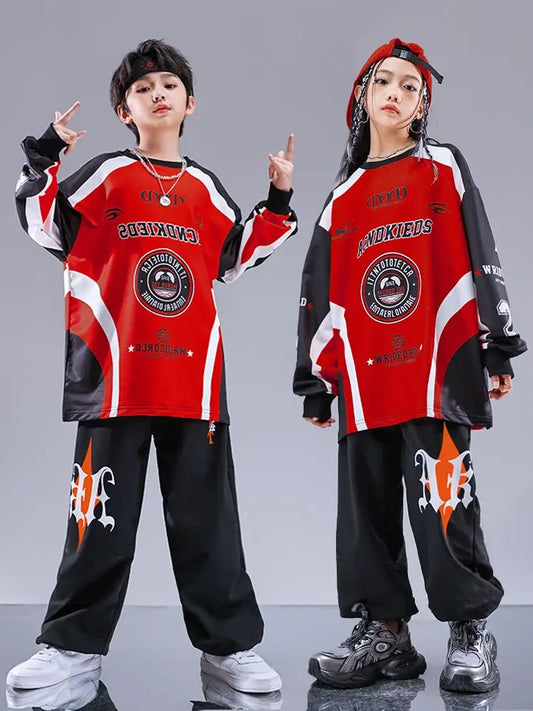 Kid Cool Hip Hop Clothing Red Black Print Sweatshirt Casual Street Sweat Jogger pants for Girl Boy Jazz Dance Costumes Clothes