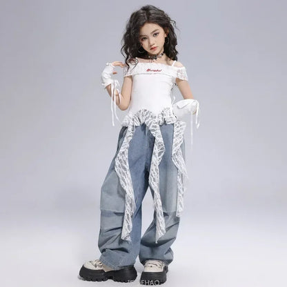 Kid Hip Hop Clothing Dance Costumes Clothes White Off Shoulder LaceParachute Jeans Baggy Pants for Girl Top Denim Blue Casual