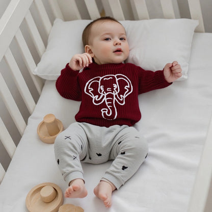 Kid Clothes Girls Autumn Knit Xmas Sweaters Long Sleeve Round Neck Bulldog/Elephant Embroidery Pullover Knitwear