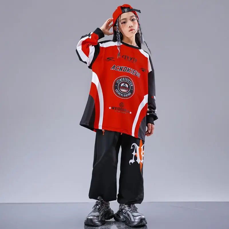 Kid Cool Hip Hop Clothing Red Black Print Sweatshirt Casual Street Sweat Jogger pants for Girl Boy Jazz Dance Costumes Clothes