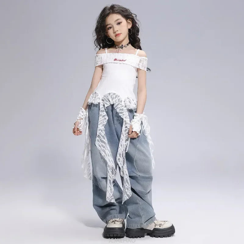 Kid Hip Hop Clothing Dance Costumes Clothes White Off Shoulder LaceParachute Jeans Baggy Pants for Girl Top Denim Blue Casual