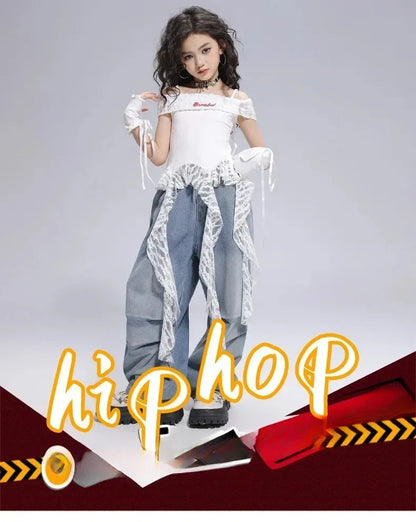 Kid Hip Hop Clothing Dance Costumes Clothes White Off Shoulder LaceParachute Jeans Baggy Pants for Girl Top Denim Blue Casual