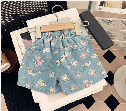 Kid's Clothing Sets for Baby Girls Floral Print Petal Sleeves Lapel Shirt & Shorts 2Pcs Set Childrens Suit Imitation Denim Outfi