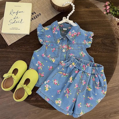 Kid's Clothing Sets for Baby Girls Floral Print Petal Sleeves Lapel Shirt & Shorts 2Pcs Set Childrens Suit Imitation Denim Outfi