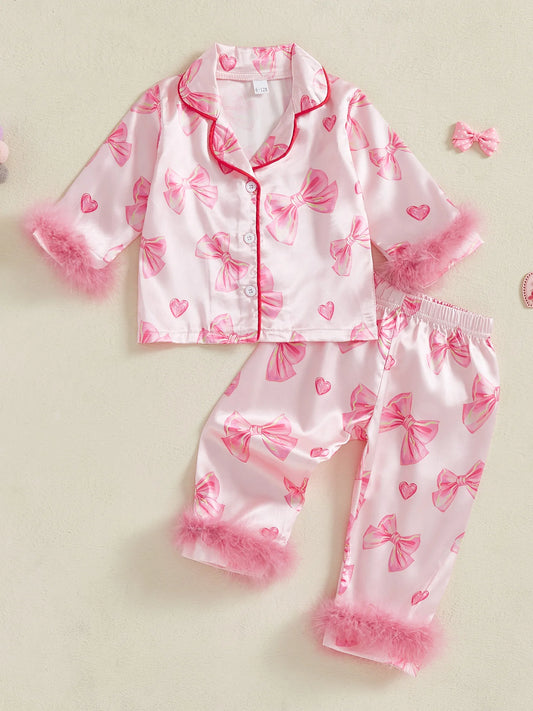 Kid Clothes Girl Satin Pajamas Set Bow Print Feather Cuffs Long Sleeve Lapel Button Down Tops with Pants Sleepwear