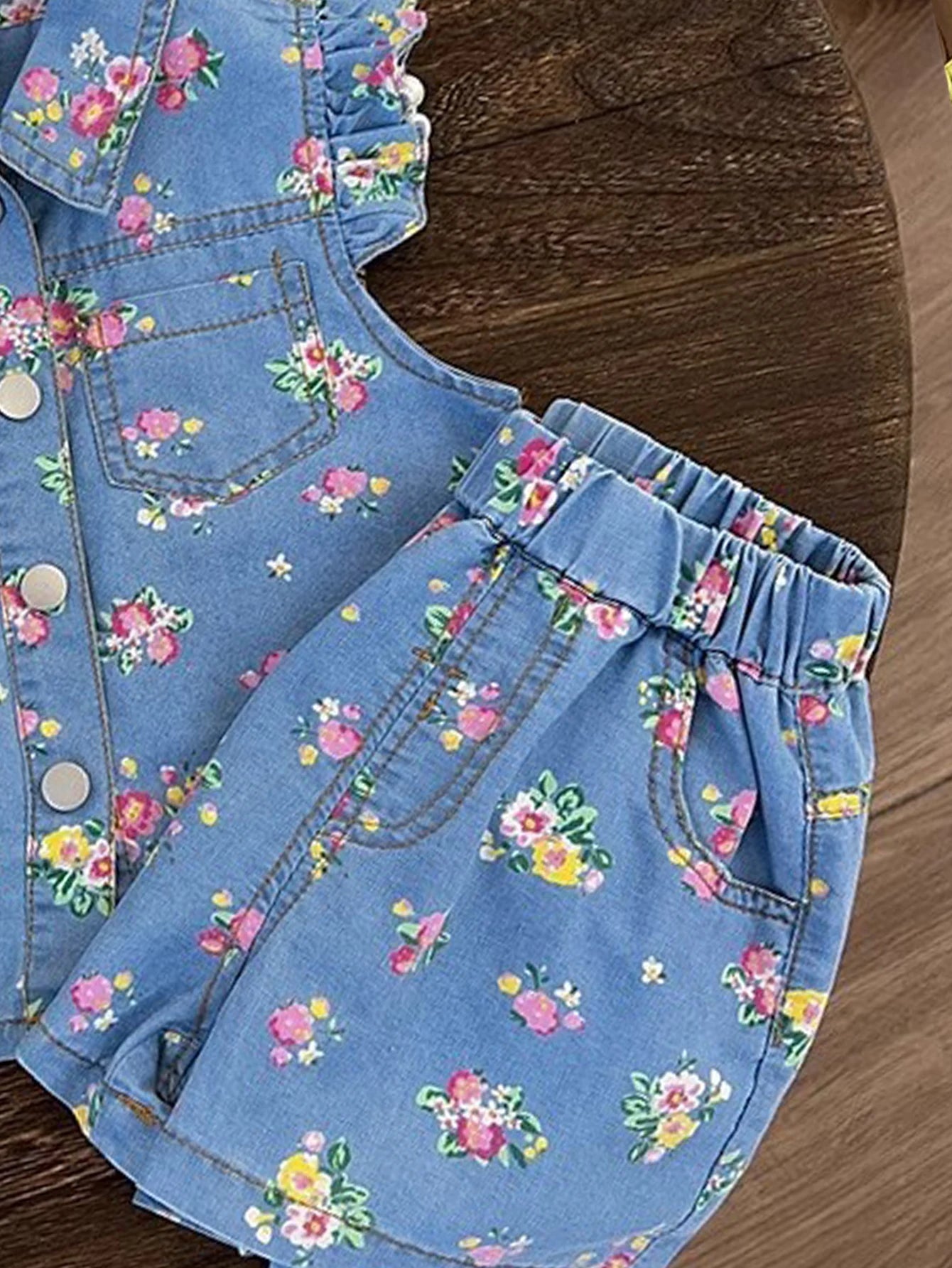 Kid's Clothing Sets for Baby Girls Floral Print Petal Sleeves Lapel Shirt & Shorts 2Pcs Set Childrens Suit Imitation Denim Outfi