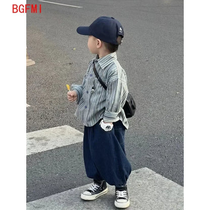 Kid Boy Spring Autumn Suit 2025 New Korean Handsome Baby Fashion Corduroy Striped Shirt and Pants Clothes Two Piece Set Outfits