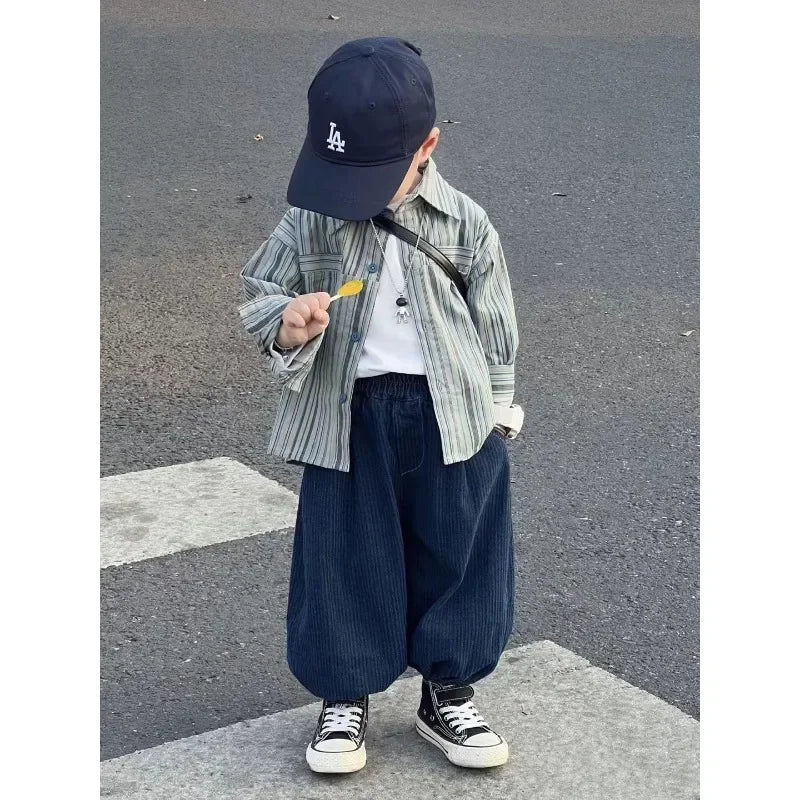 Kid Boy Spring Autumn Suit 2025 New Korean Handsome Baby Fashion Corduroy Striped Shirt and Pants Clothes Two Piece Set Outfits