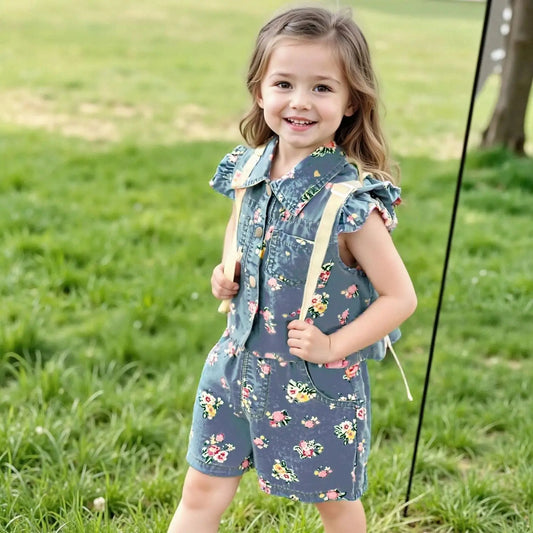 Kid's Clothing Sets for Baby Girls Floral Print Petal Sleeves Lapel Shirt & Shorts 2Pcs Set Childrens Suit Imitation Denim Outfi