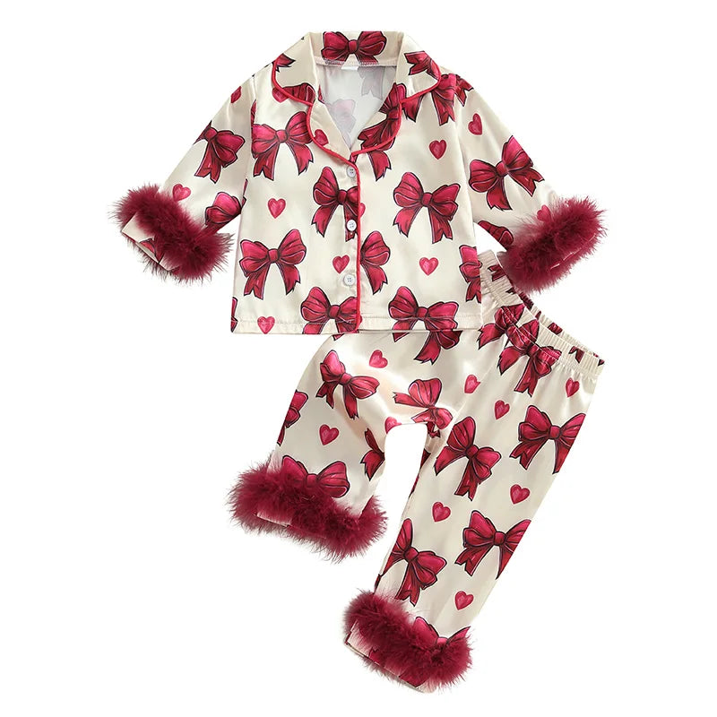 Kid Clothes Girl Satin Pajamas Set Bow Print Feather Cuffs Long Sleeve Lapel Button Down Tops with Pants Sleepwear