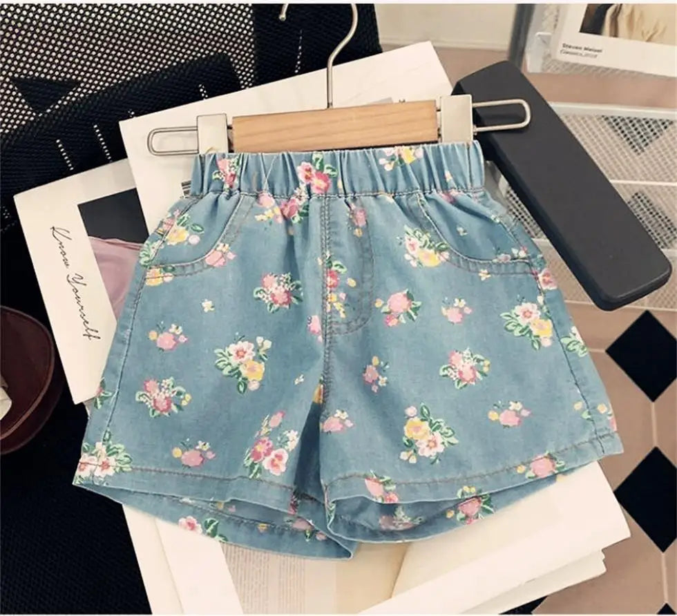 Kid's Clothing Sets for Baby Girls Floral Print Petal Sleeves Lapel Shirt & Shorts 2Pcs Set Childrens Suit Imitation Denim Outfi