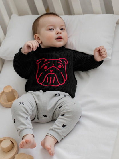 Kid Clothes Girls Autumn Knit Xmas Sweaters Long Sleeve Round Neck Bulldog/Elephant Embroidery Pullover Knitwear