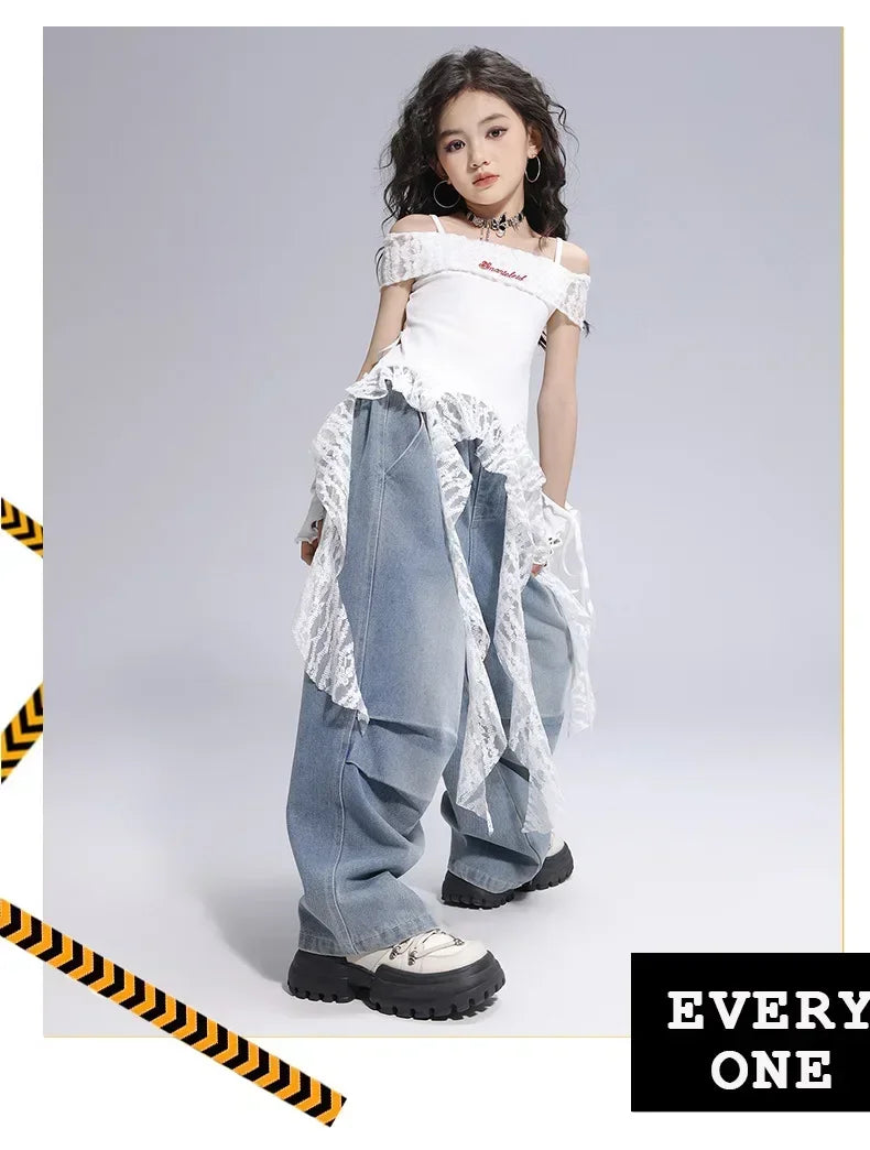 Kid Hip Hop Clothing Dance Costumes Clothes White Off Shoulder LaceParachute Jeans Baggy Pants for Girl Top Denim Blue Casual