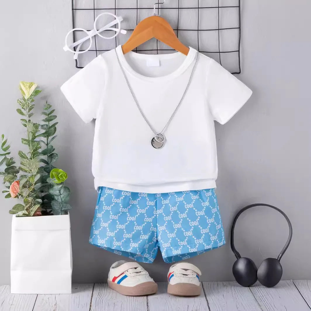 Kid Fashion Boy Outfit Three Piece Set Light Blue Short Sleeve Top Shirt Plain White Inner T-Shirt Blue Shorts Children Clothing